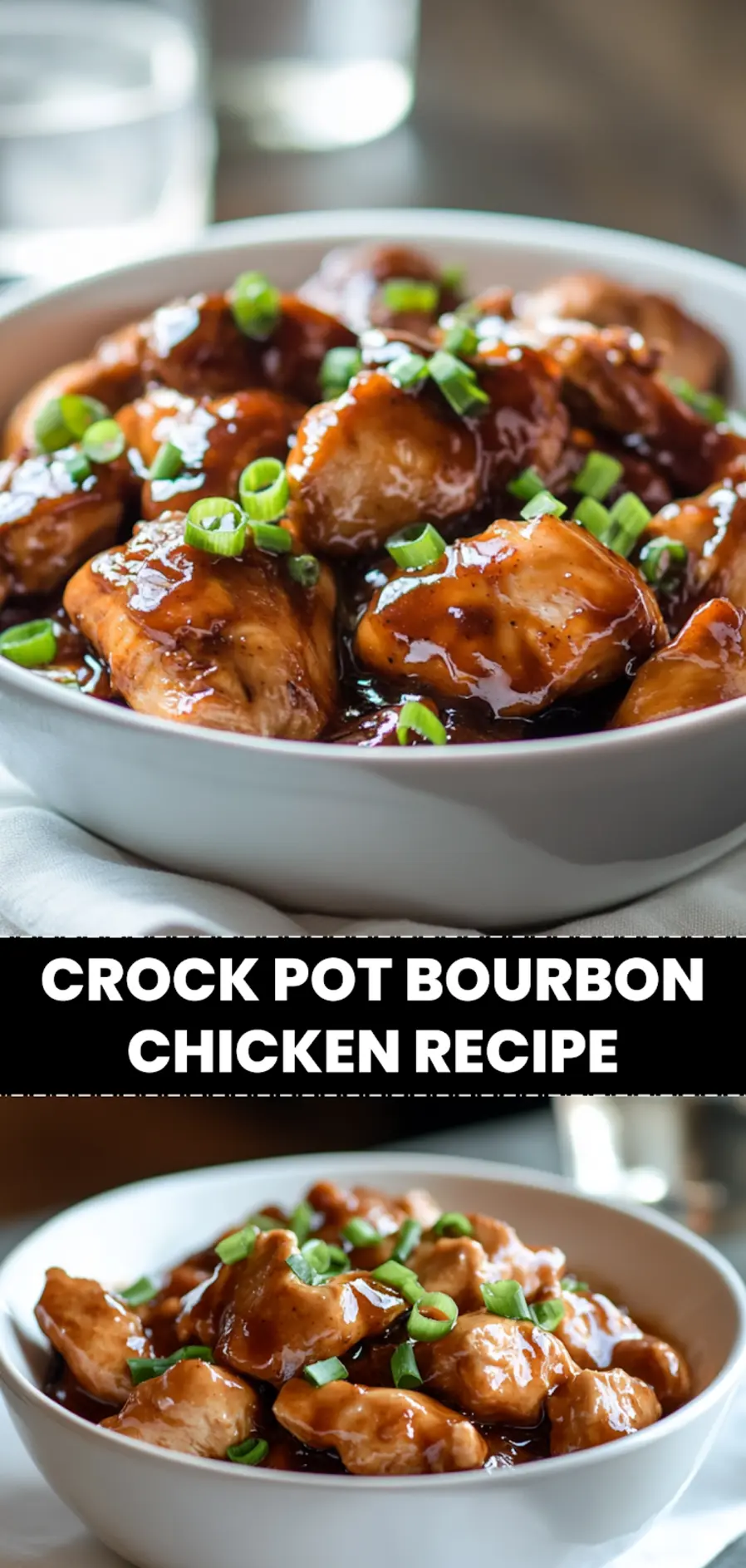 CROCK POT BOURBON CHICKEN RECIPE glossy bourbon chicken with green onions in natural light_pin