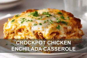 CROCKPOT CHICKEN ENCHILADA CASSEROLE cheesy casserole on white cloth with clear glass of water