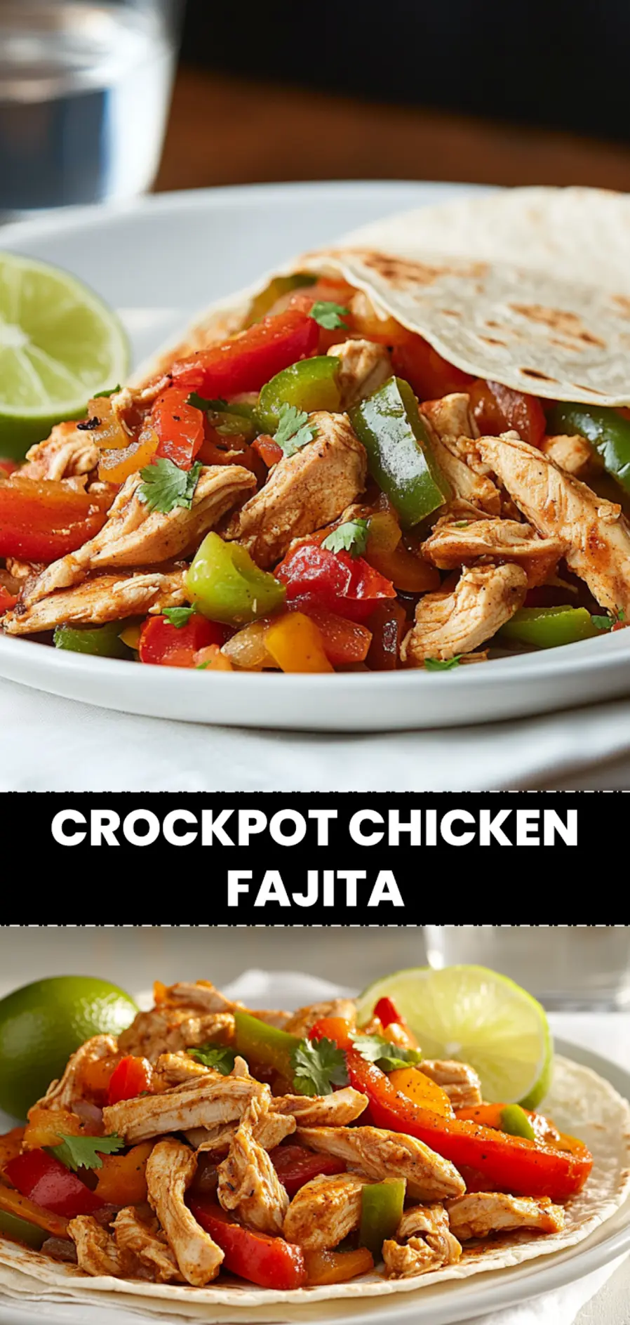 Crockpot Chicken Fajita: Easy and Delicious Recipe 4 CROCKPOT CHICKEN FAJITA with shredded chicken peppers and warm tortillas in natural light_pin