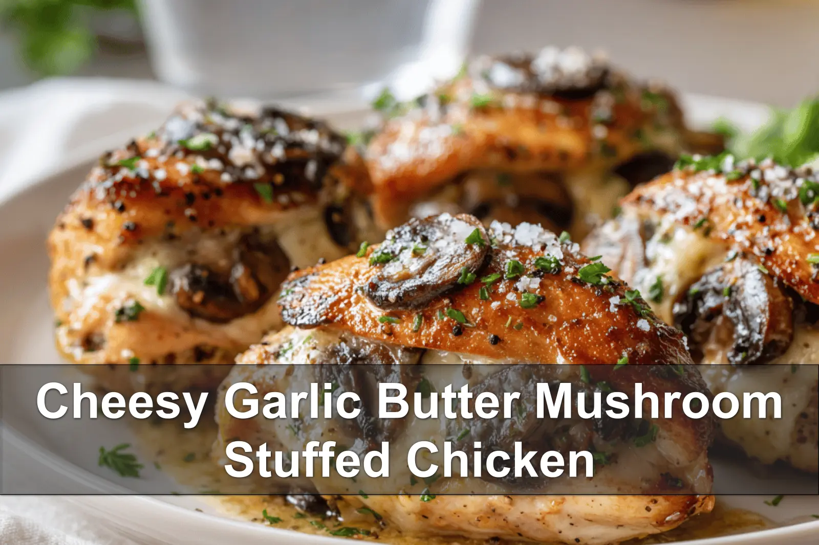 Cheesy Garlic Butter Mushroom Stuffed Chicken plated with melted cheese herbs and sea salt flakes