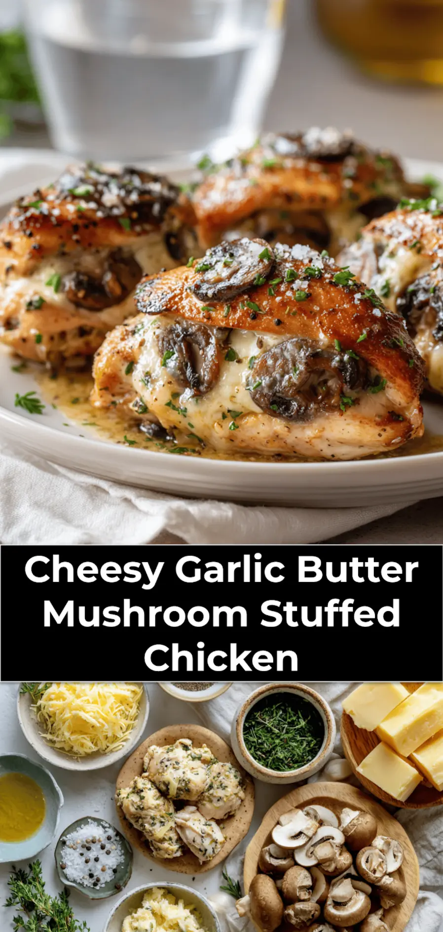Cheesy Garlic Butter Mushroom Stuffed Chicken plated with melted cheese herbs and sea salt flakes_pin