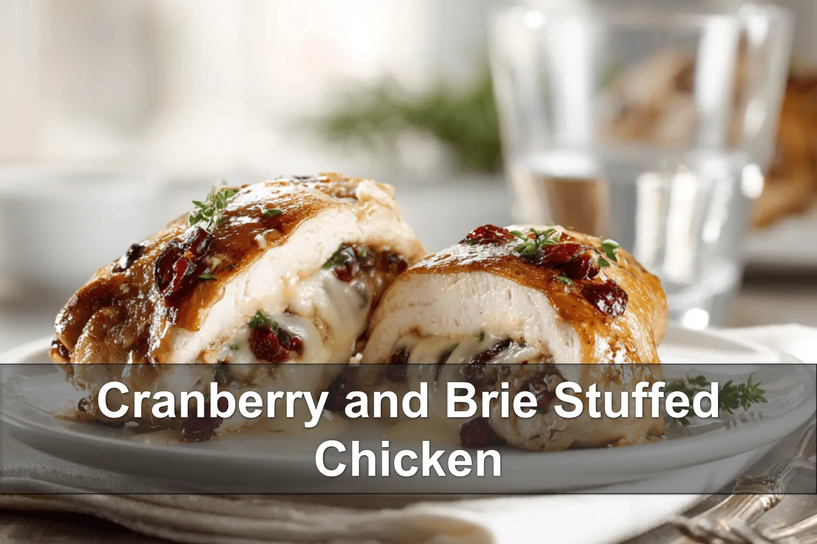 Cranberry and Brie Stuffed Chicken plated on white napkin with clear glass of water warm light