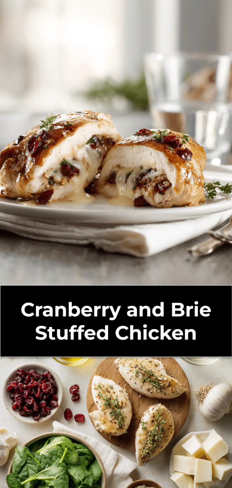 Cranberry and Brie Stuffed Chicken plated on white napkin with clear glass of water warm light_pin