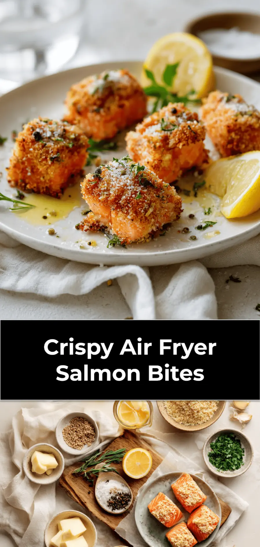 Crispy Air Fryer Salmon Bites on white napkin with lemon and fresh herbs_pin