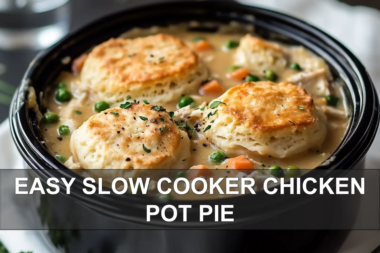 A bowl of slow cooker chicken pot pie with a flaky biscuit on top