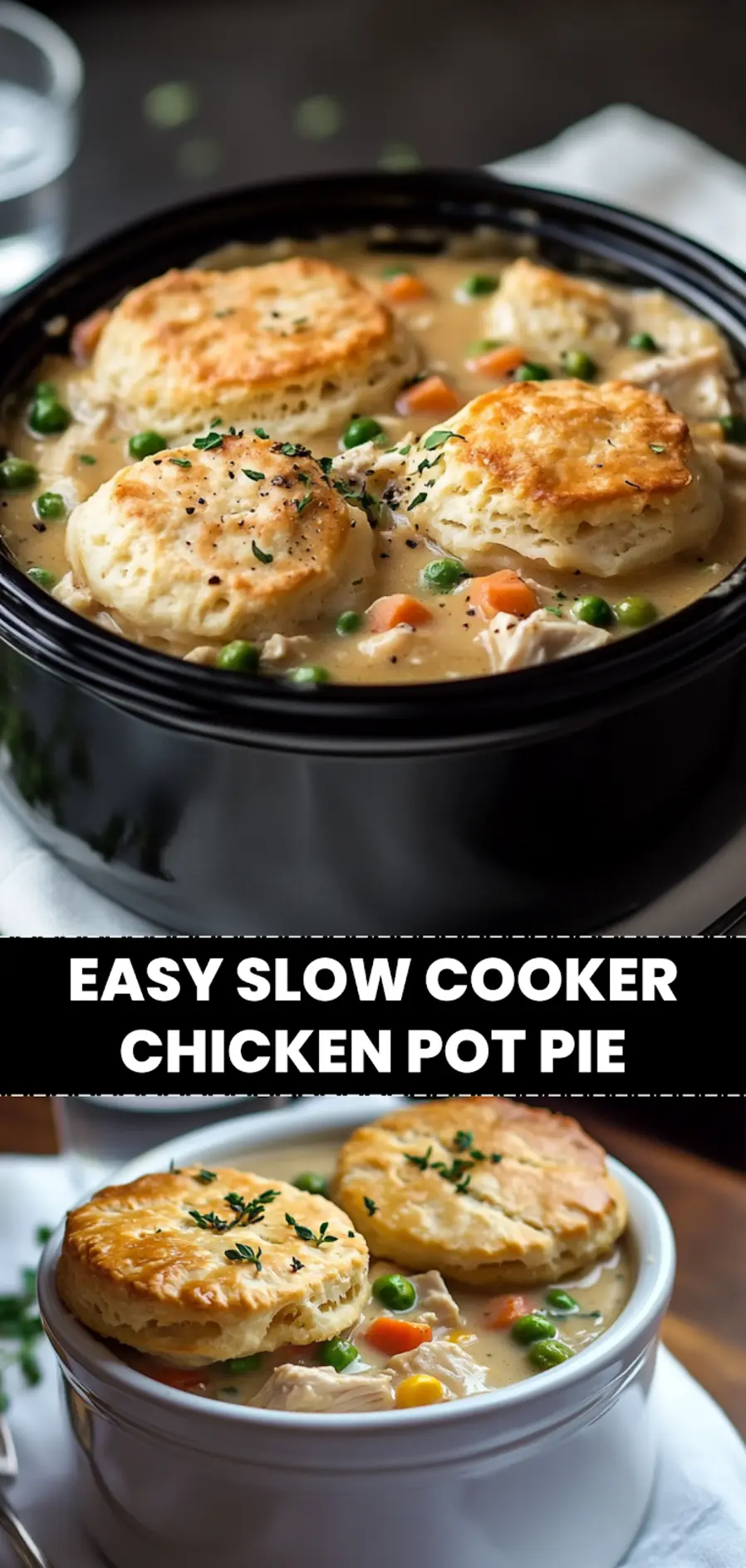 EASY SLOW COOKER CHICKEN POT PIE in crockpot with golden biscuits creamy filling warm homey presentation_pin