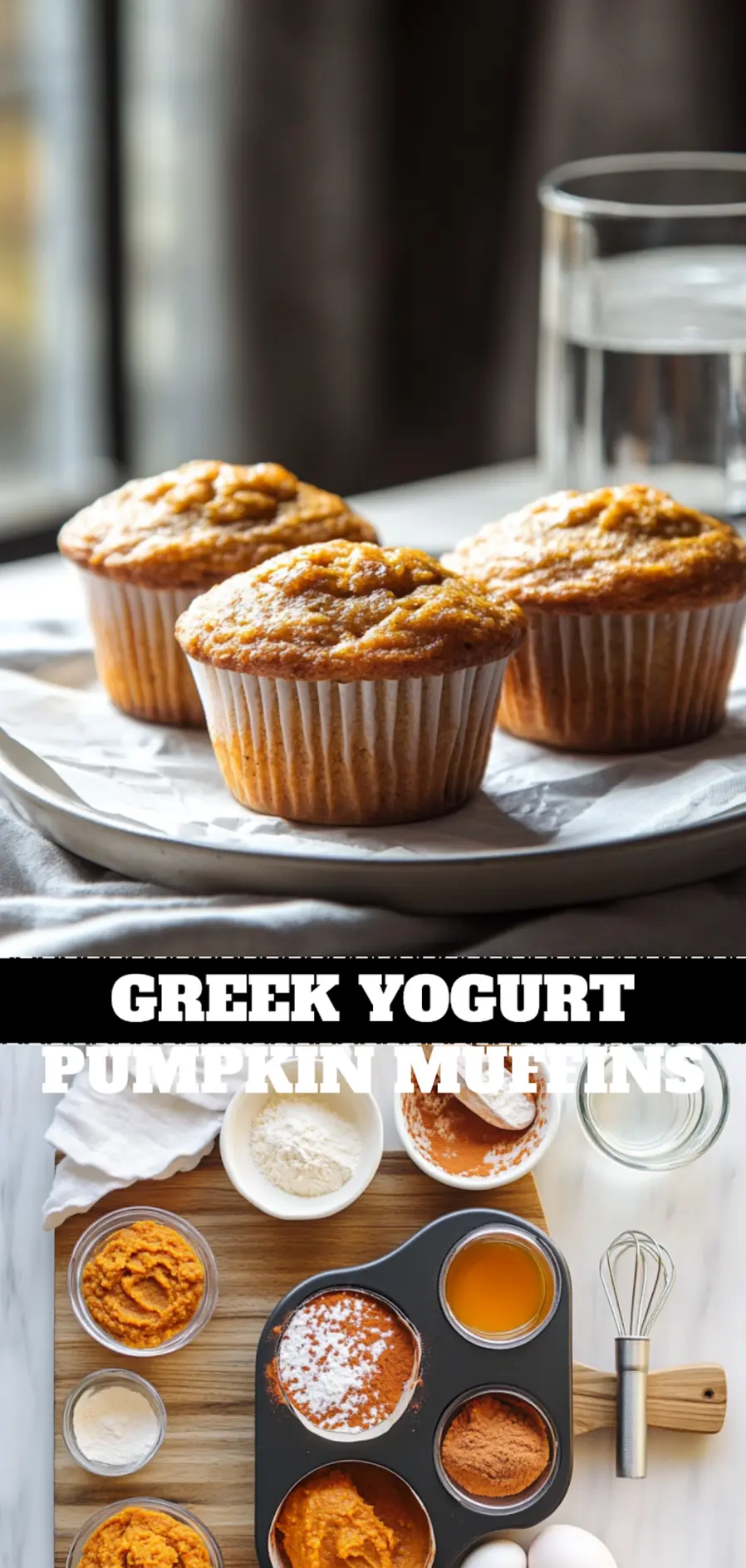 Greek Yogurt Pumpkin Muffins: Easy Delicious Recipe 4 GREEK YOGURT PUMPKIN MUFFINS fresh baked muffins on white napkin with clear water glass_pin