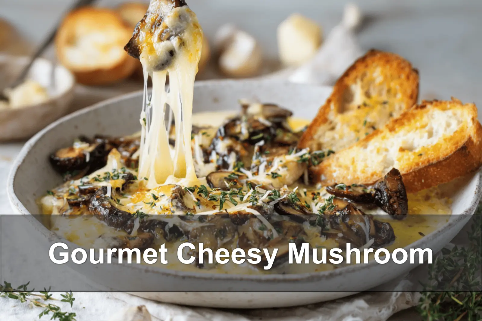 Gourmet Cheesy Mushroom: Easy and Irresistible Recipe 4 Gourmet Cheesy Mushroom with melted cheese, thyme and toasted baguette on white cloth