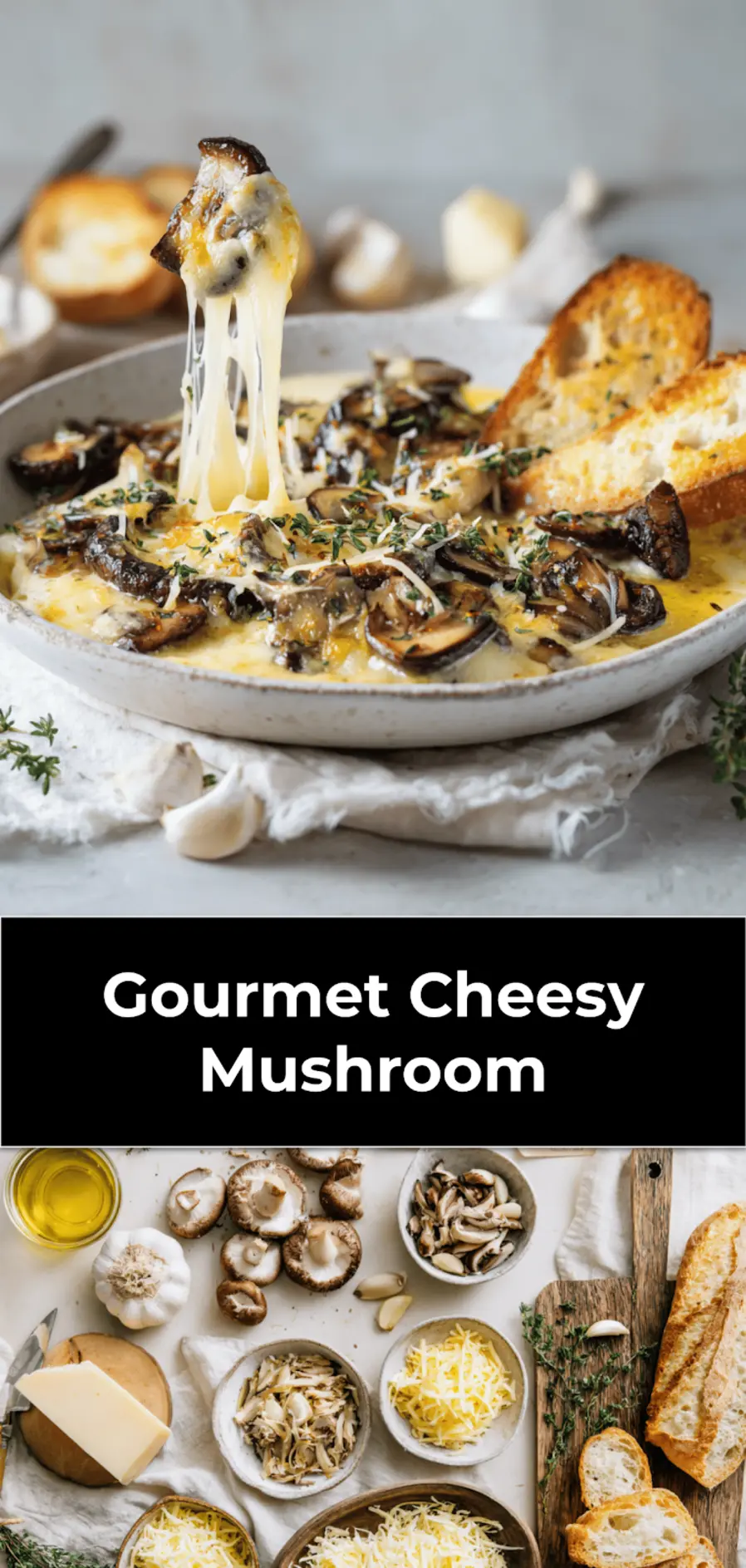 Gourmet Cheesy Mushroom: Easy and Irresistible Recipe 3 Gourmet Cheesy Mushroom with melted cheese, thyme and toasted baguette on white cloth_pin