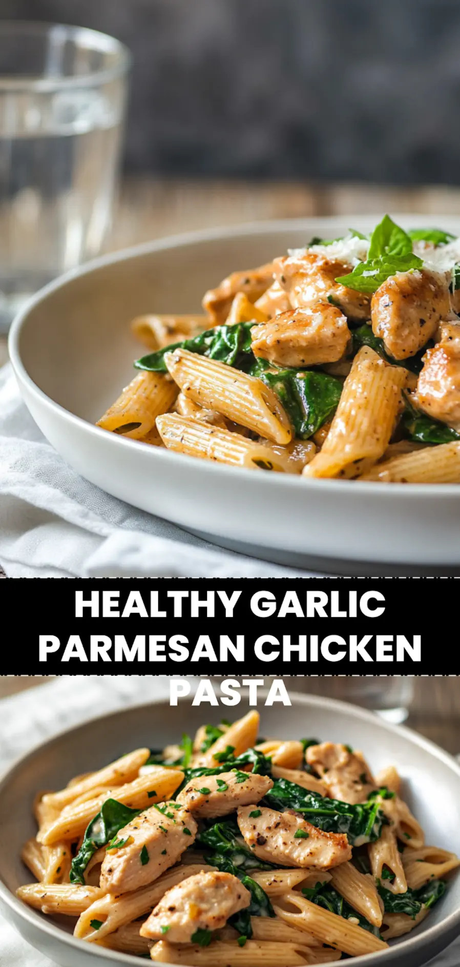Healthy Garlic Parmesan Chicken Pasta: Easy and Delicious 3 HEALTHY GARLIC PARMESAN CHICKEN PASTA plated whole wheat penne with spinach and herbs_pin