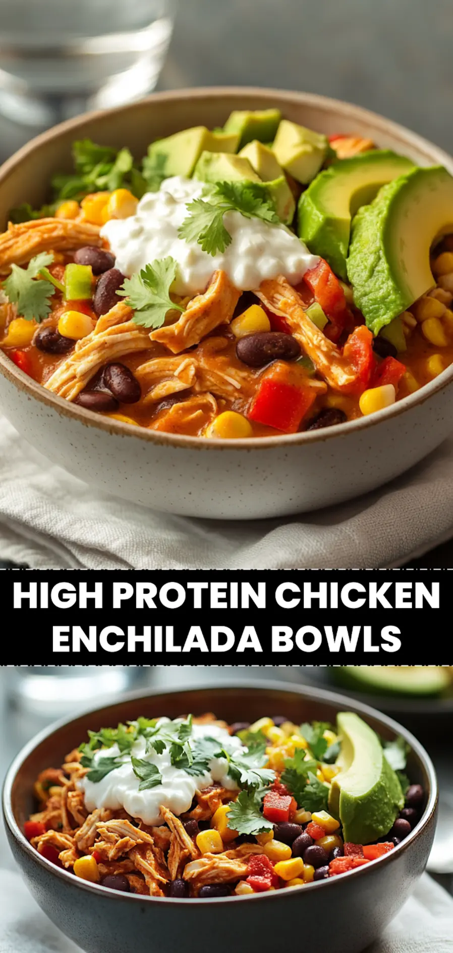 HIGH PROTEIN CHICKEN ENCHILADA BOWLS bowl with avocado slices and fresh herbs warm light_pin