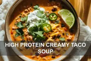 High Protein Creamy Taco Soup: Easy Delicious Recipe HIGH PROTEIN CREAMY TACO SOUP bowl with ground turkey, melted cheeses, beans, herbs, lime