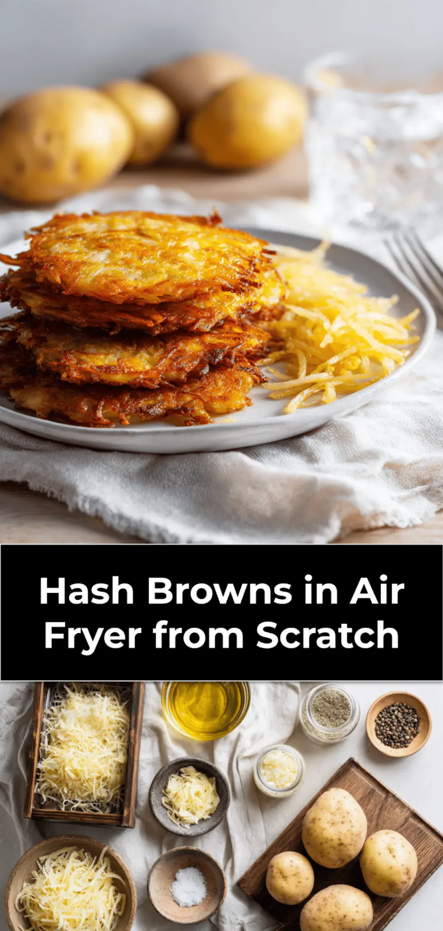 Hash Browns in Air Fryer from Scratch golden crisp on white cloth with clear glass of water_pin