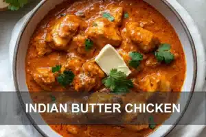 Indian Butter Chicken: Easy and Delicious Recipe INDIAN BUTTER CHICKEN rich saucy curry bowl hero image with white napkin and water