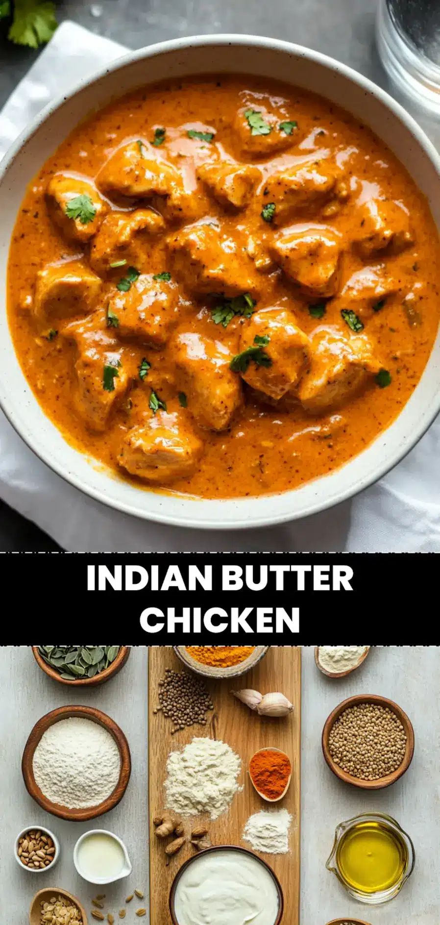 Indian Butter Chicken: Easy and Delicious Recipe 4 INDIAN BUTTER CHICKEN rich saucy curry bowl hero image with white napkin and water_pin