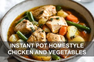 INSTANT POT HOMESTYLE CHICKEN AND VEGETABLES bowl overhead warm natural light appetizing
