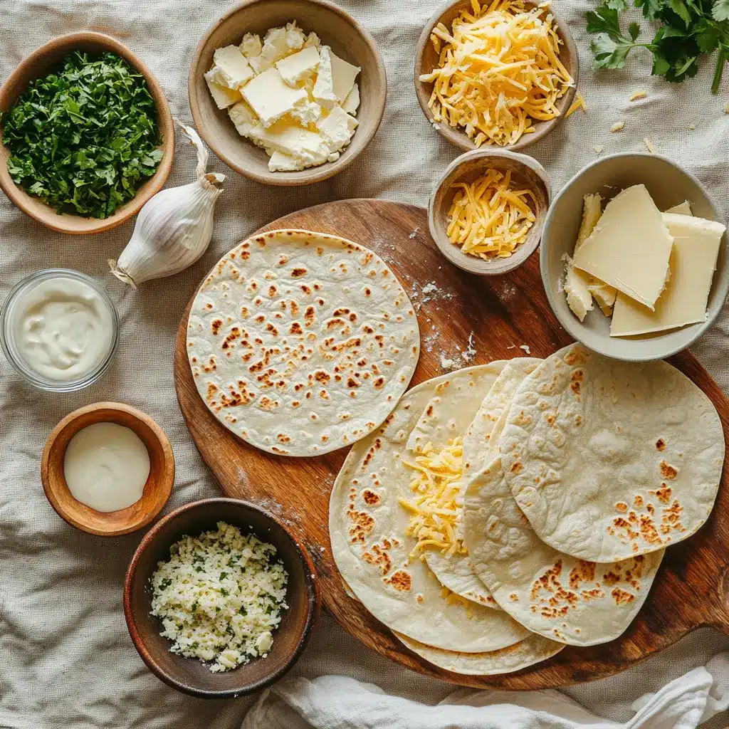 AIR FRYER CHEESY TORTILLA GARLIC BREAD plated golden cheesy tortillas with garlic butter and fresh herbs