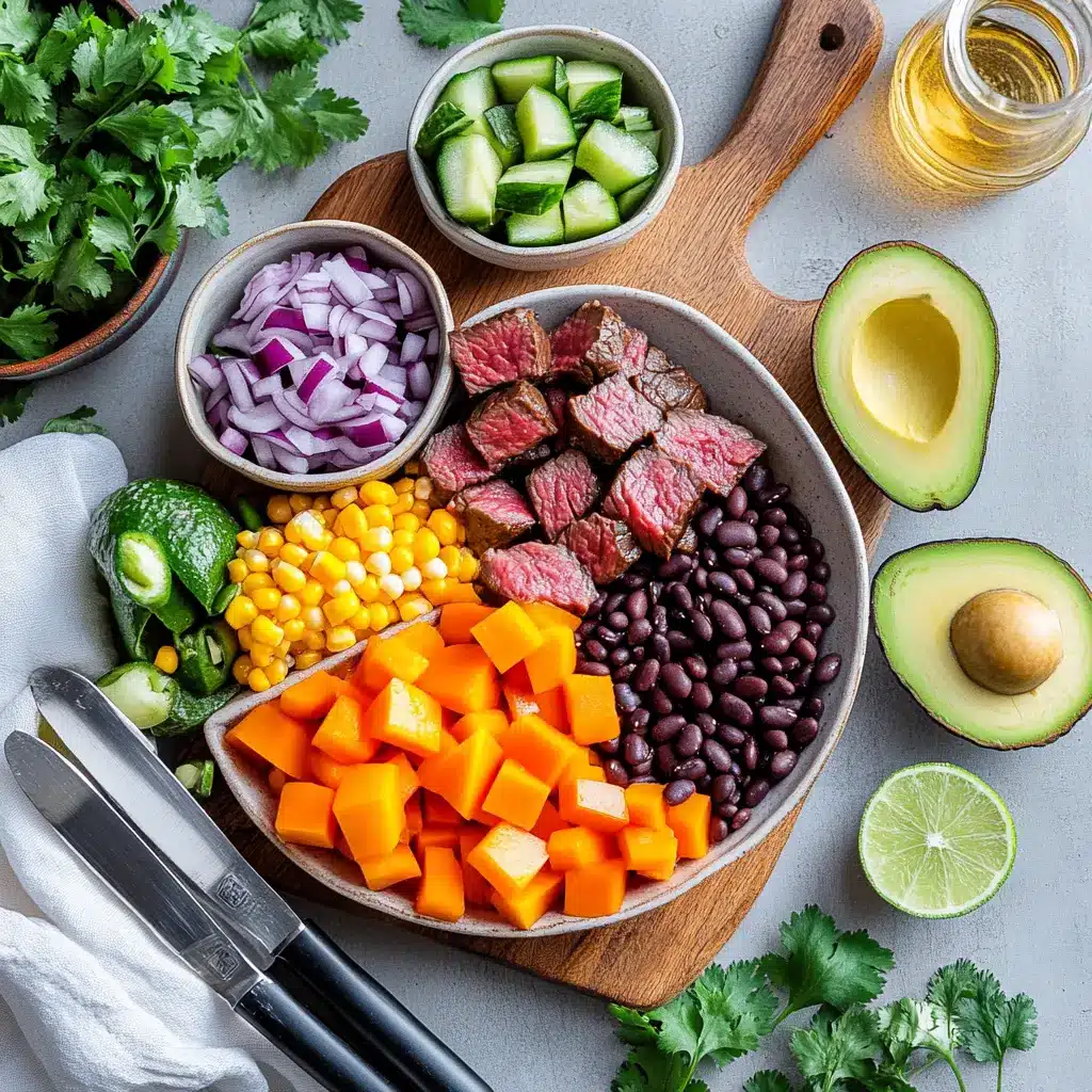 BEEF AND SWEET POTATO POWER BOWL with steak avocado black beans corn and herbs