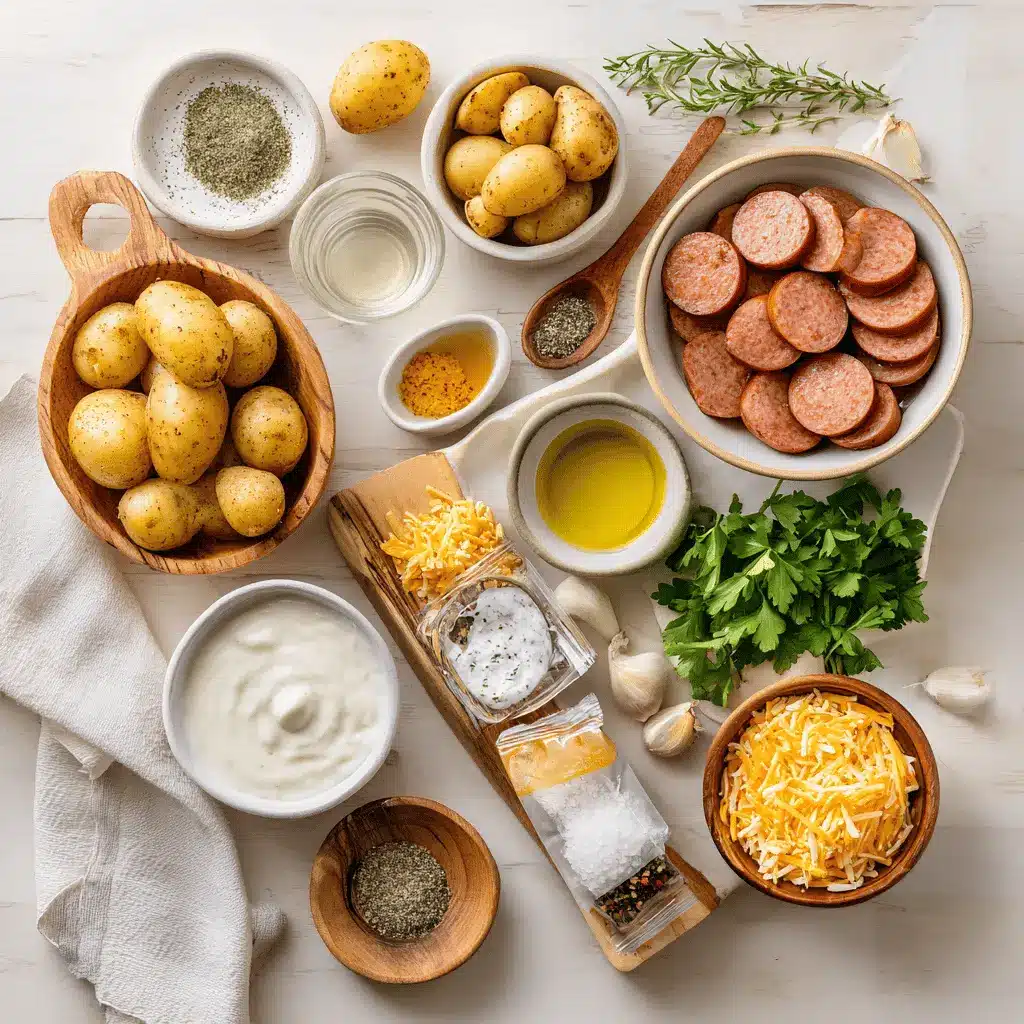 Cheesy Ranch Potatoes and Smoked Sausage: Easy and Delicious 3 CHEESY RANCH POTATOES AND SMOKED SAUSAGE golden baked skillet with melted cheddar and fresh herbs