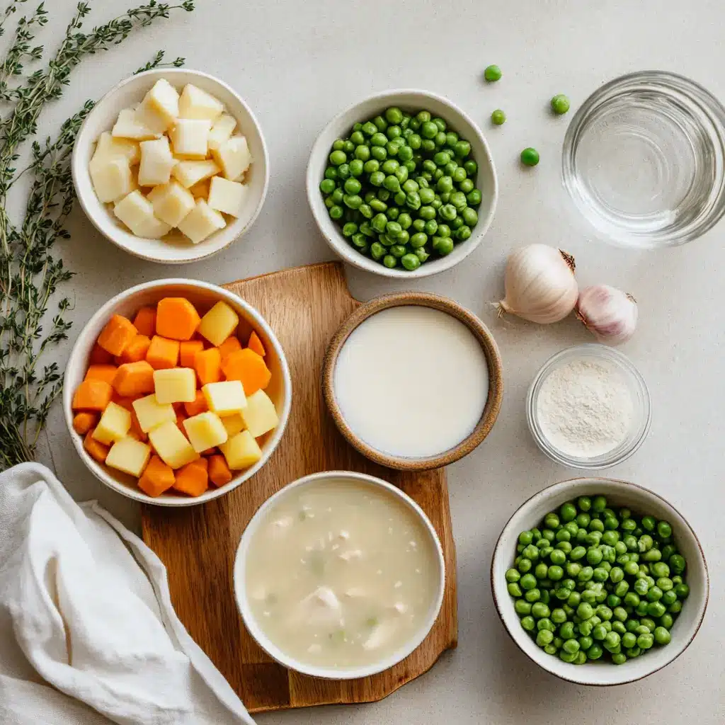 Chicken Pot Pie Soup Recipe: Easy and Irresistible 2 CHICKEN POT PIE SOUP RECIPE creamy bowl on white cloth with clear glass of water and thyme