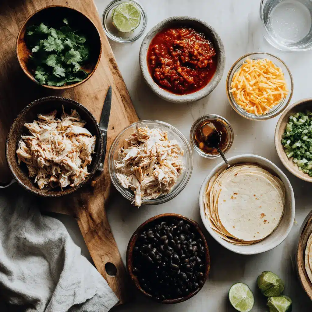 CROCKPOT CHICKEN ENCHILADA CASSEROLE cheesy casserole on white cloth with clear glass of water