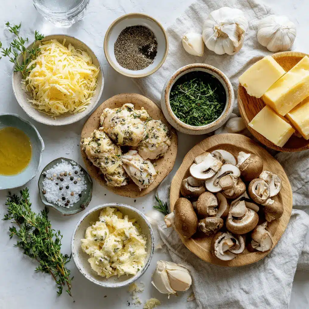 Cheesy Garlic Butter Mushroom Stuffed Chicken plated with melted cheese herbs and sea salt flakes