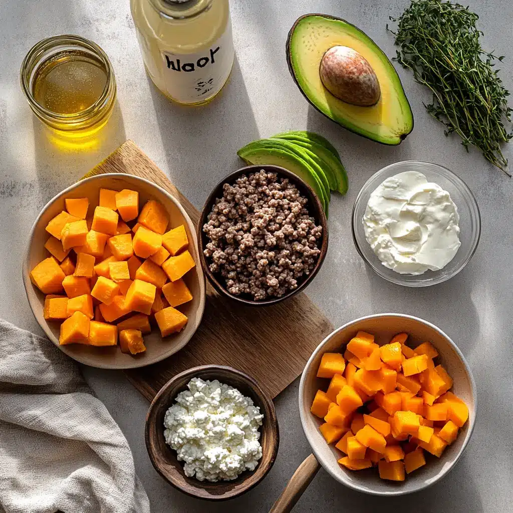 GROUND BEEF HOT HONEY BOWL warm bowl with sweet potatoes avocado cottage cheese and hot honey drizzle