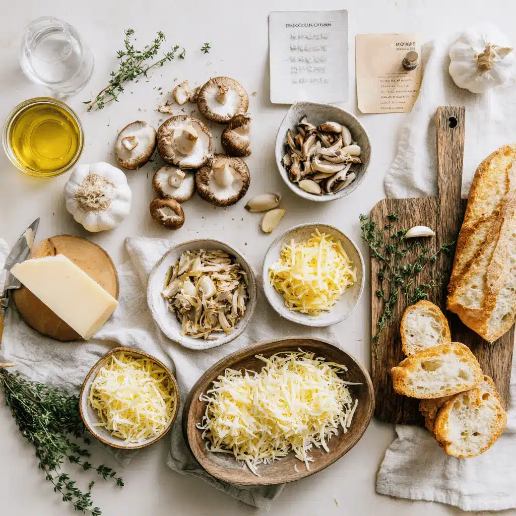 Gourmet Cheesy Mushroom: Easy and Irresistible Recipe 2 Gourmet Cheesy Mushroom with melted cheese, thyme and toasted baguette on white cloth