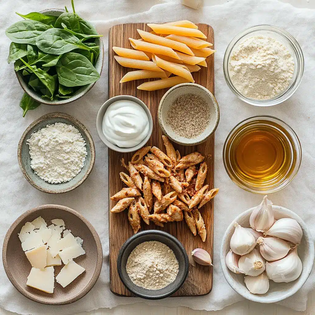 Healthy Garlic Parmesan Chicken Pasta: Easy and Delicious 2 HEALTHY GARLIC PARMESAN CHICKEN PASTA plated whole wheat penne with spinach and herbs