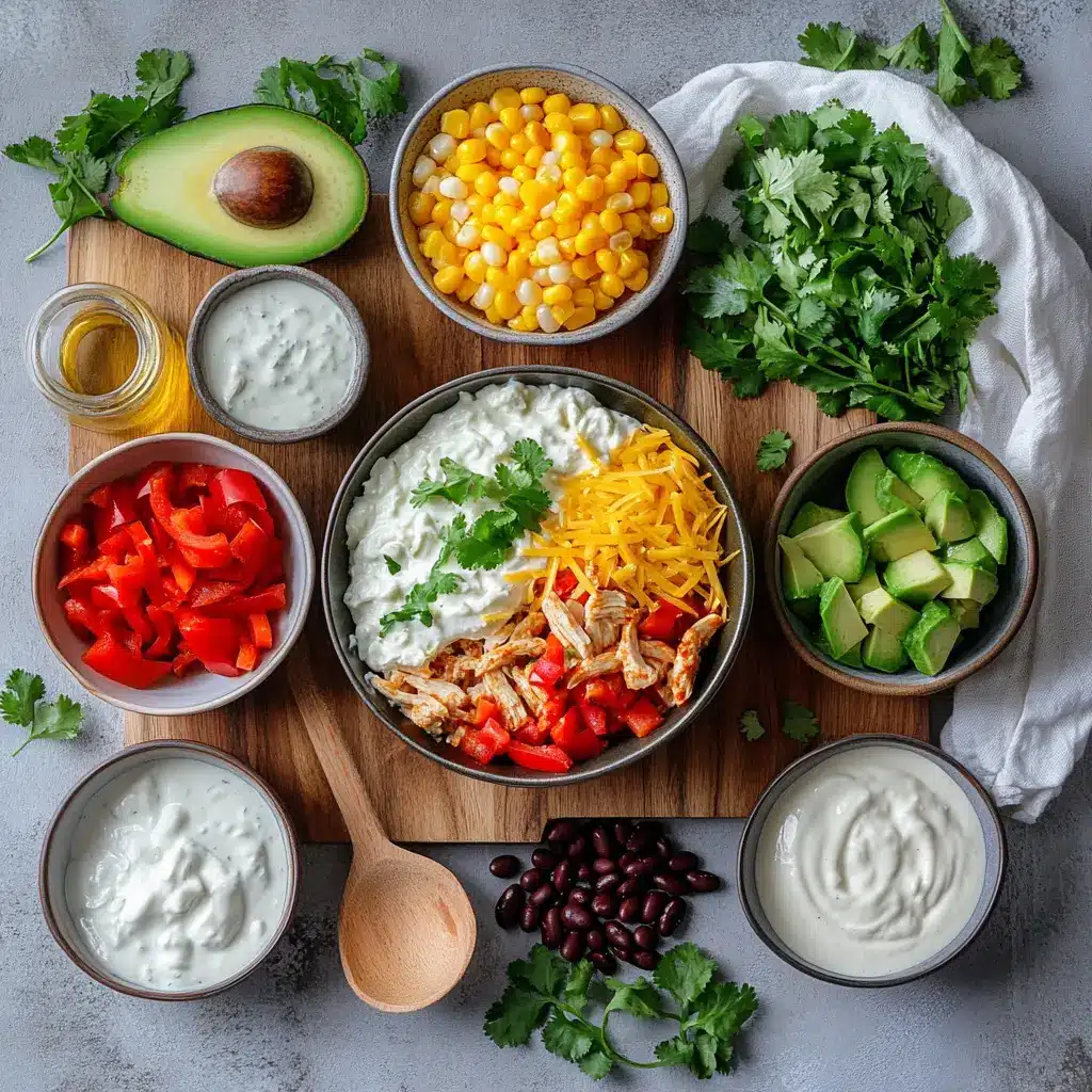 HIGH PROTEIN CHICKEN ENCHILADA BOWLS bowl with avocado slices and fresh herbs warm light