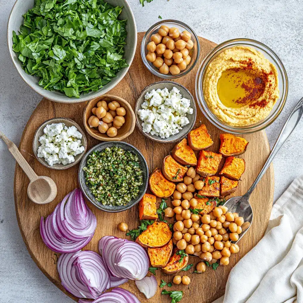 LOADED ROASTED SWEET POTATO topped with hummus roasted chickpeas red onion herbs vegan feta drizzle