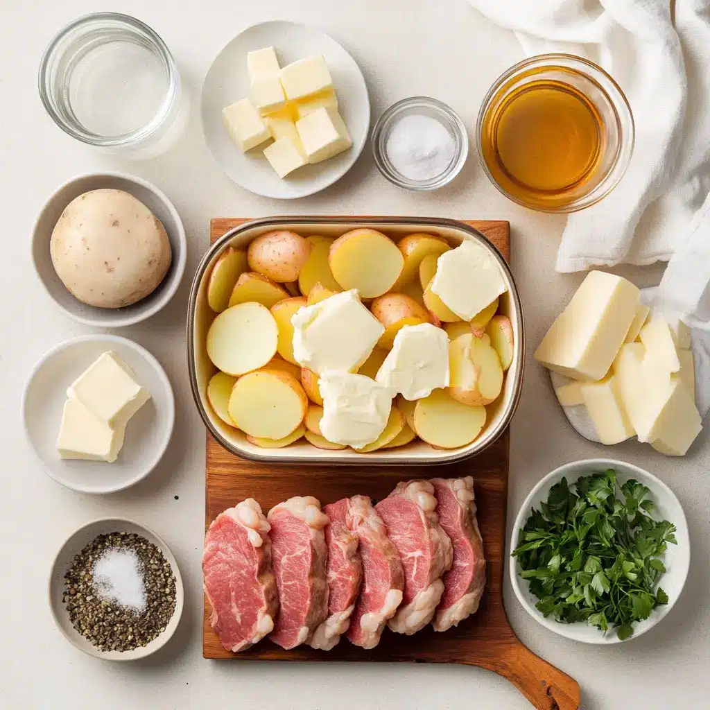 SMOTHERED PORK CHOP SCALLOPED POTATO CASSEROLE golden baked casserole on white cloth