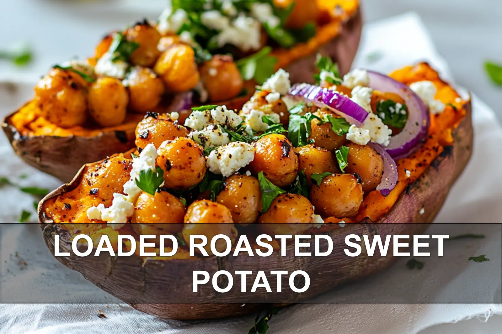 LOADED ROASTED SWEET POTATO topped with hummus roasted chickpeas red onion herbs vegan feta drizzle