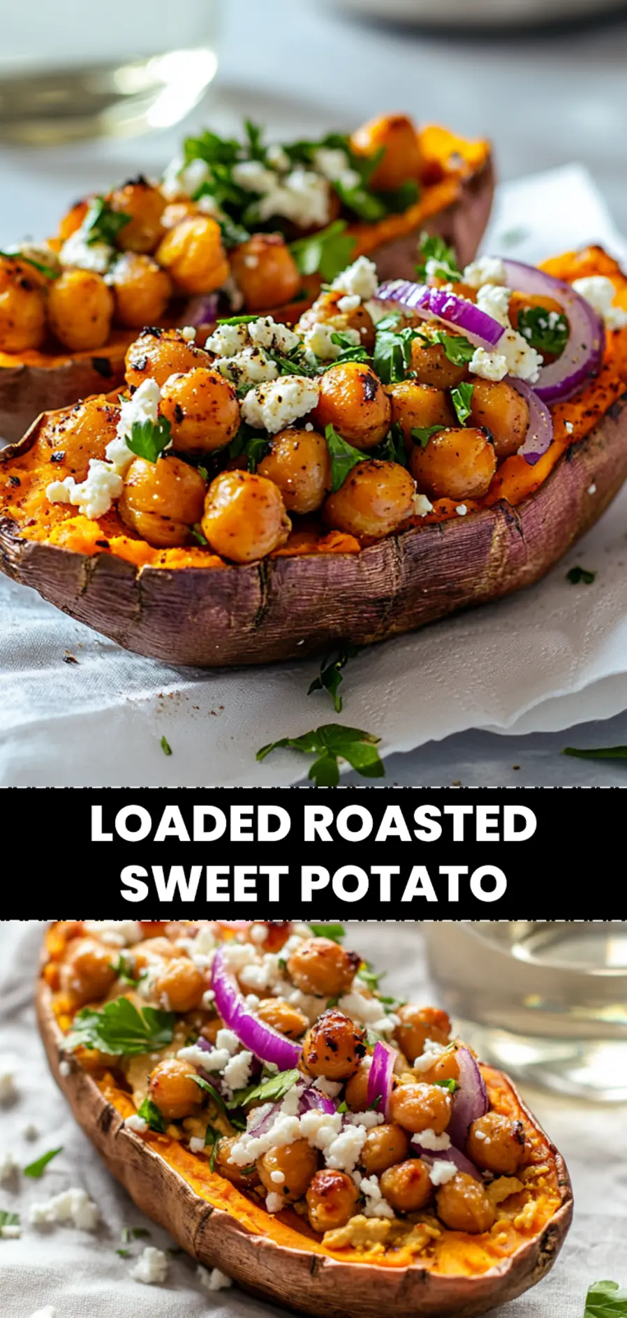 LOADED ROASTED SWEET POTATO topped with hummus roasted chickpeas red onion herbs vegan feta drizzle_pin