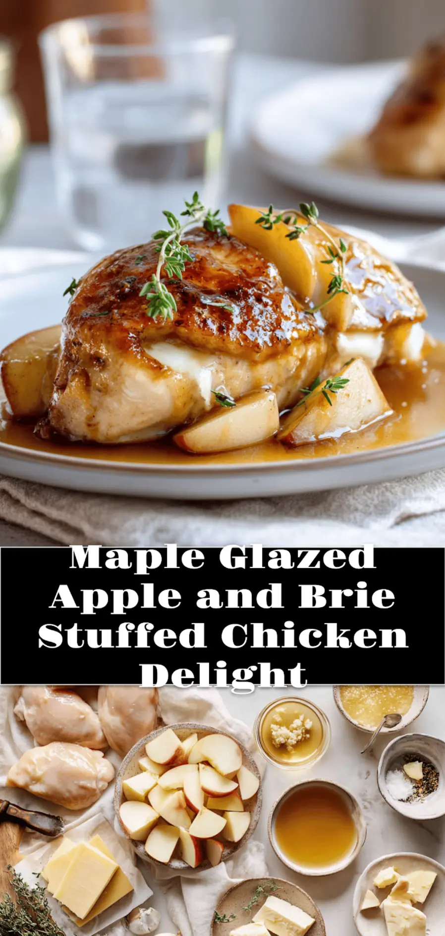 Maple Glazed Apple and Brie Stuffed Chicken Delight plated warm glaze melty brie fresh thyme_pin