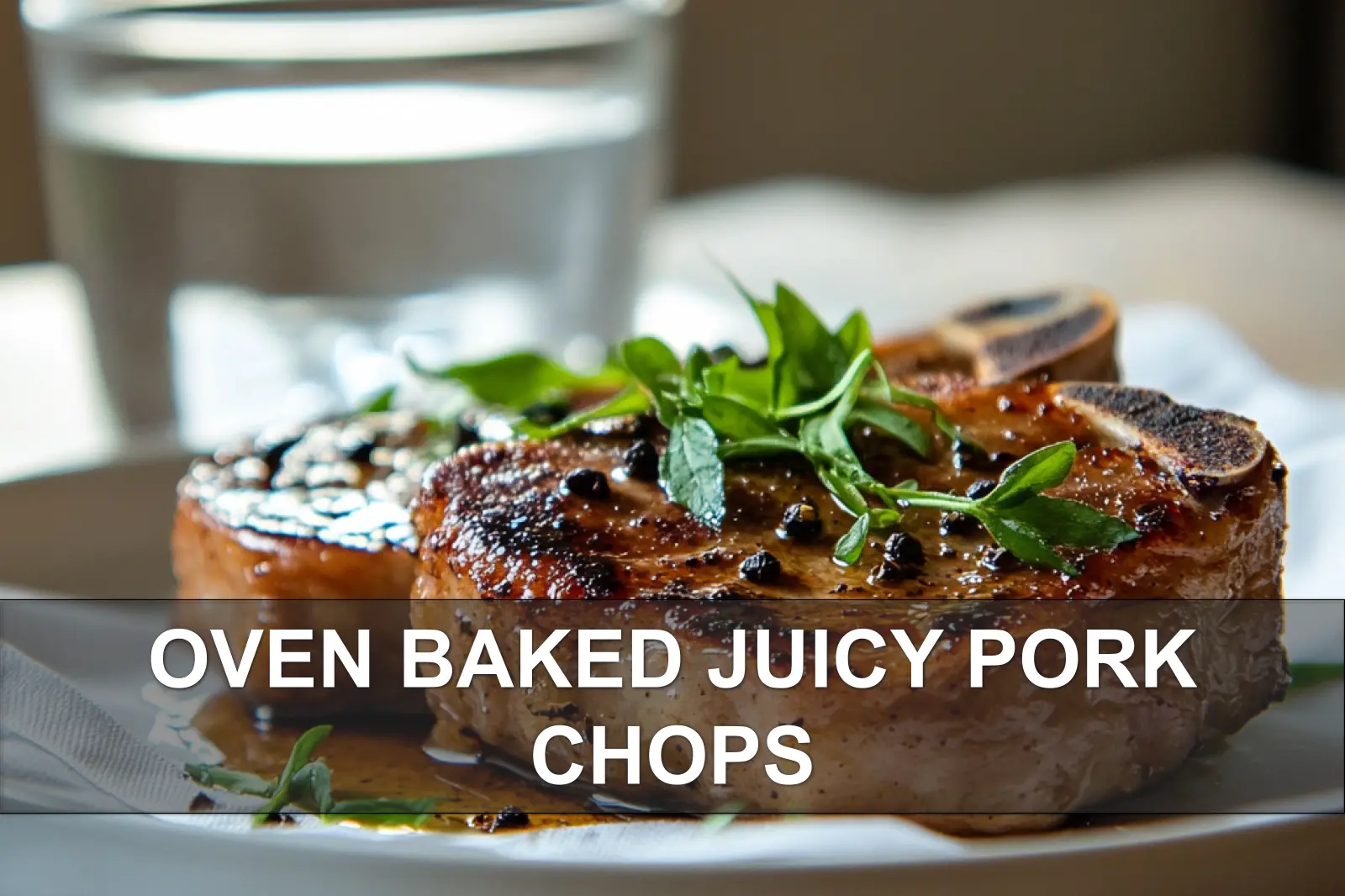 Oven-Baked Juicy Pork Chops: Easy and Stunning Recipe 4 OVEN BAKED JUICY PORK CHOPS plated with garlic herb glaze and warm natural light