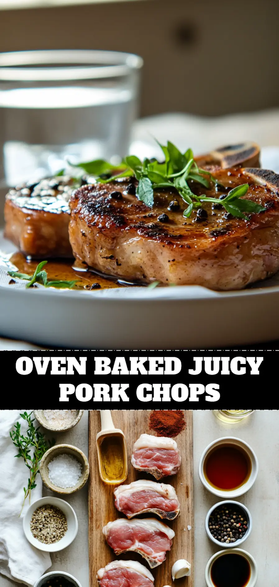 Oven-Baked Juicy Pork Chops: Easy and Stunning Recipe 3 OVEN BAKED JUICY PORK CHOPS plated with garlic herb glaze and warm natural light_pin