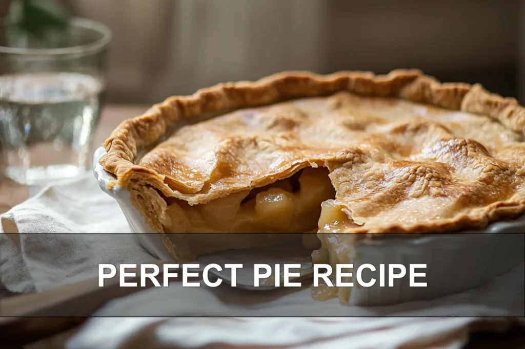 Perfect Pie Recipe golden flaky crust whole pie with slice on white napkin