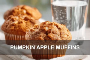 PUMPKIN APPLE MUFFINS warm muffins on white napkin with clear glass of water