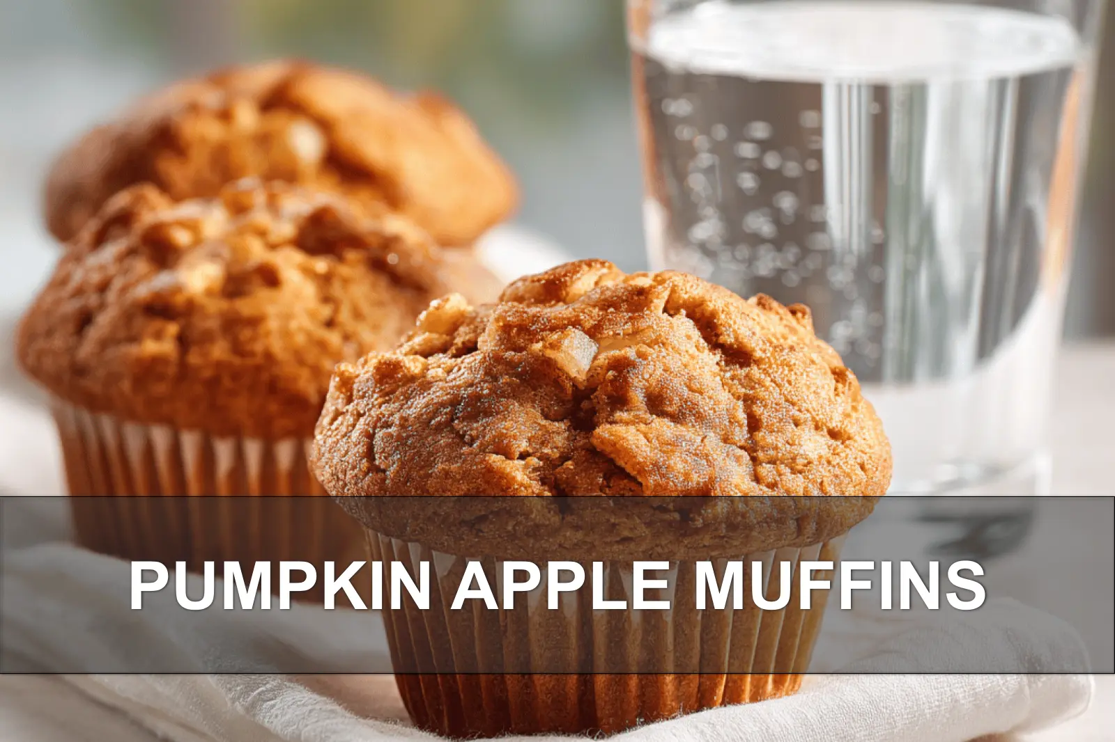 PUMPKIN APPLE MUFFINS warm muffins on white napkin with clear glass of water