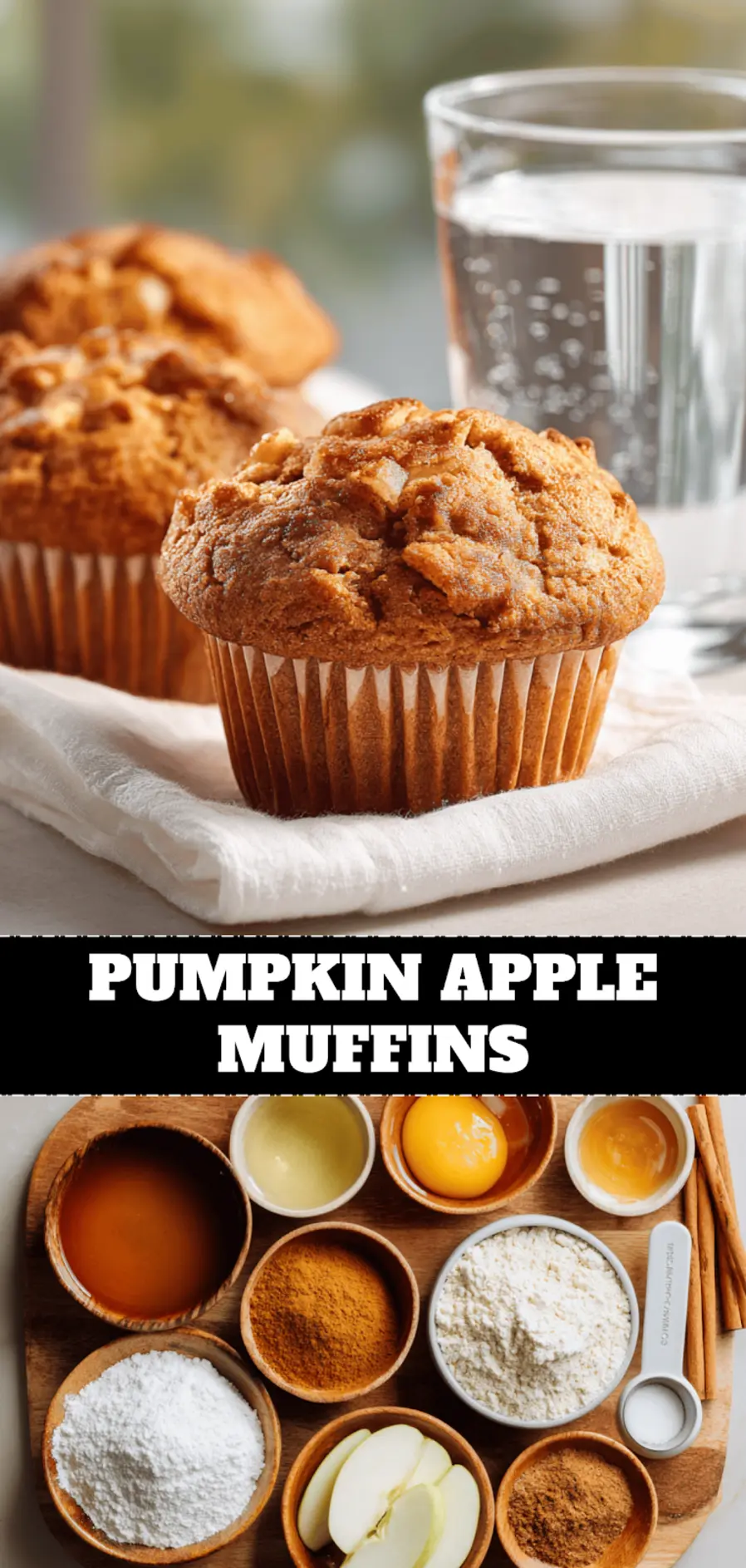 PUMPKIN APPLE MUFFINS warm muffins on white napkin with clear glass of water_pin
