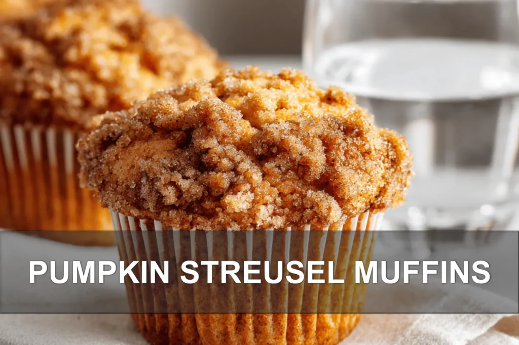 PUMPKIN STREUSEL MUFFINS warm streusel topped muffins on white napkin with water glass