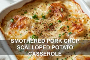 SMOTHERED PORK CHOP SCALLOPED POTATO CASSEROLE golden baked casserole on white cloth
