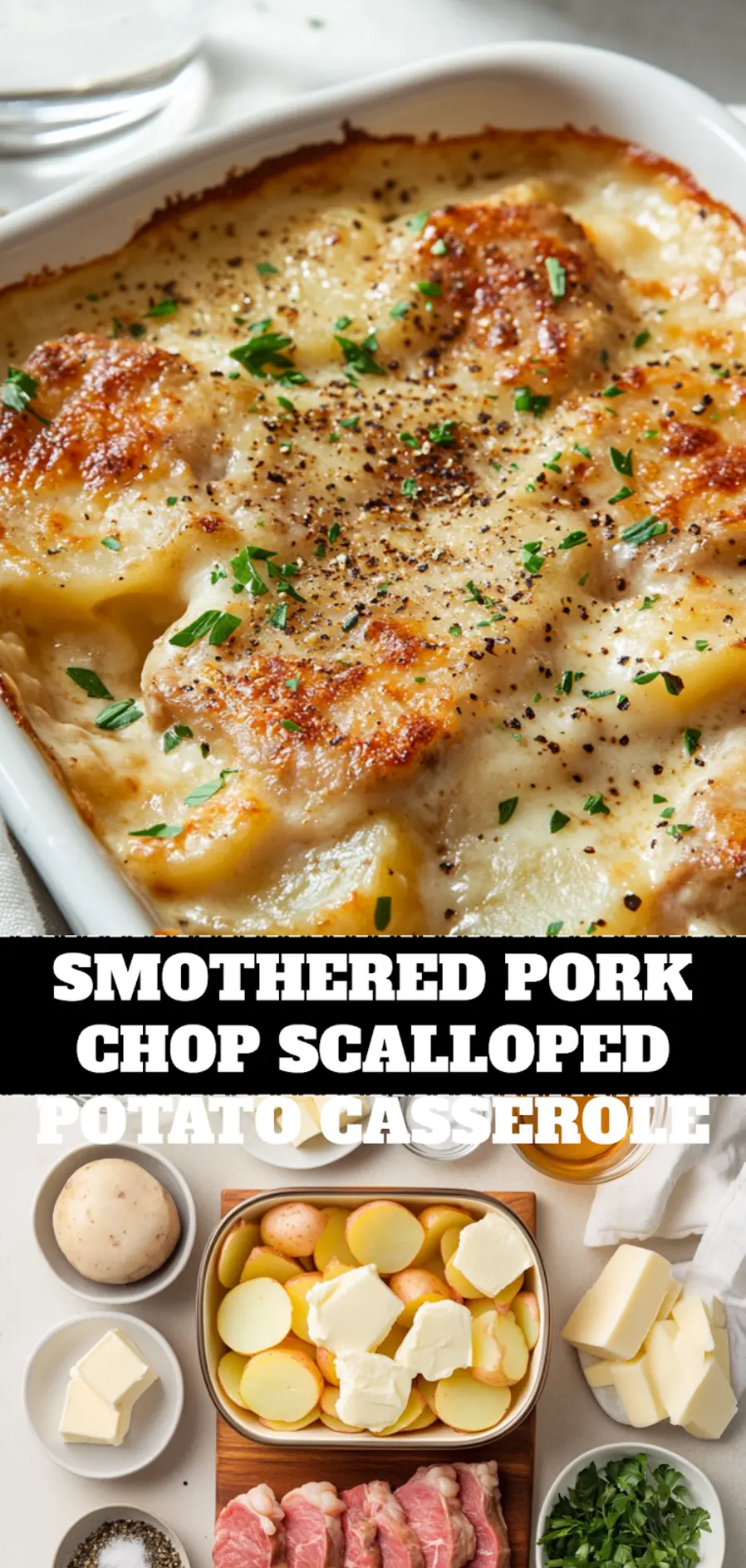 SMOTHERED PORK CHOP SCALLOPED POTATO CASSEROLE golden baked casserole on white cloth_pin