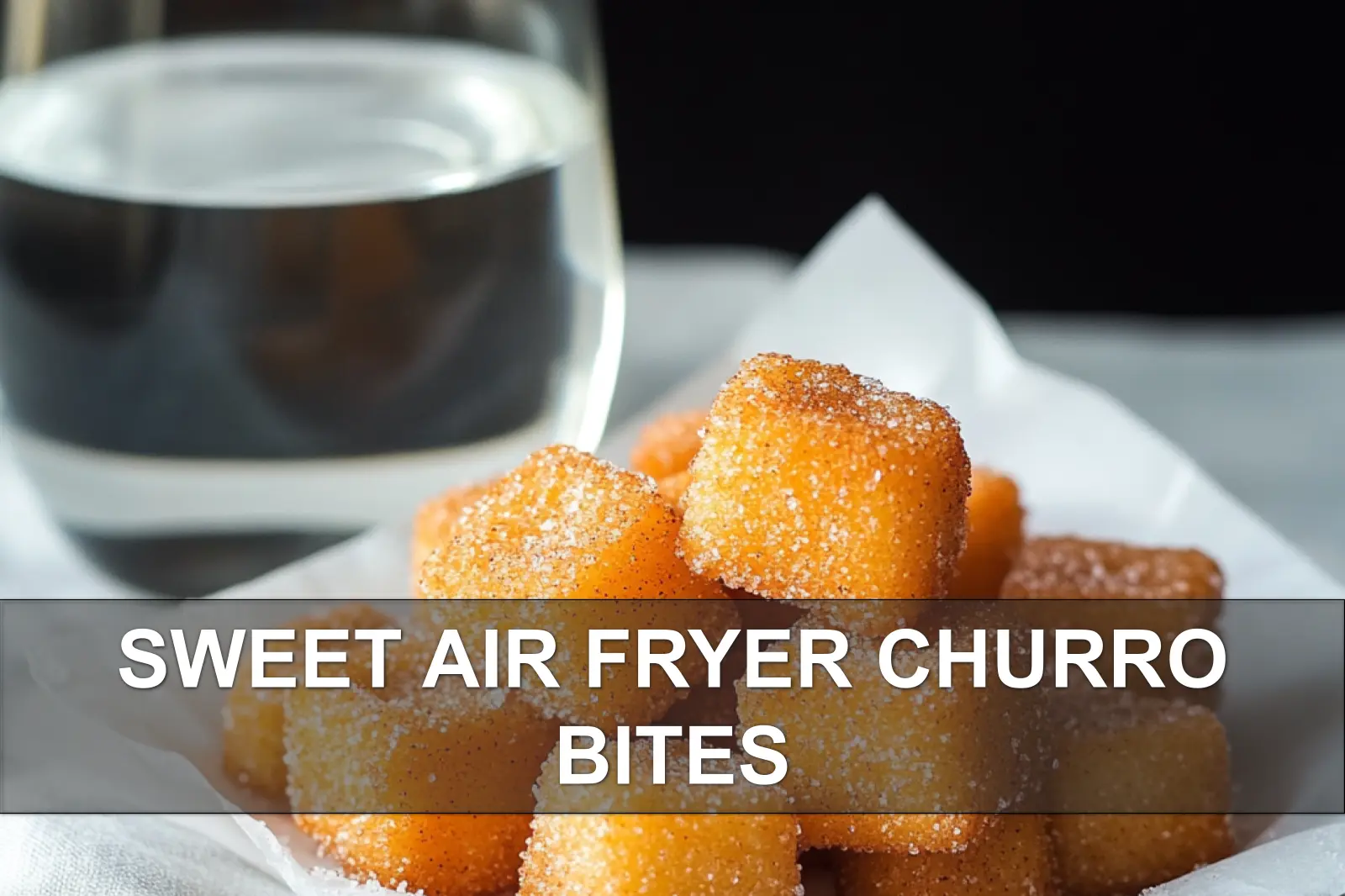 Sweet Air Fryer Churro Bites: Easy Delicious Recipe 4 SWEET AIR FRYER CHURRO BITES plated on a napkin near a clear water glass warm inviting