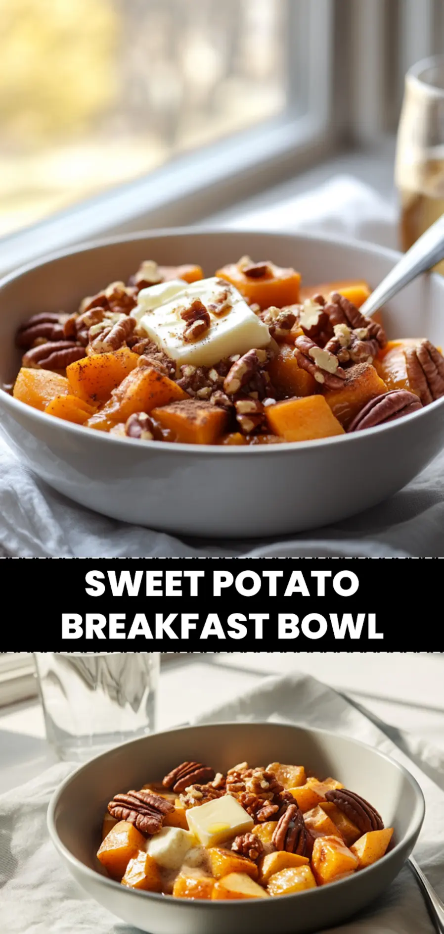 Sweet Potato Breakfast Bowl: Easy Irresistible Delight 4 SWEET POTATO BREAKFAST BOWL warm mashed sweet potato bowl with apples pecans brown sugar cinnamon_pin