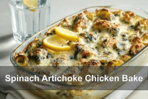 Spinach Artichoke Chicken Bake golden melted cheese and spinach on baked chicken pieces