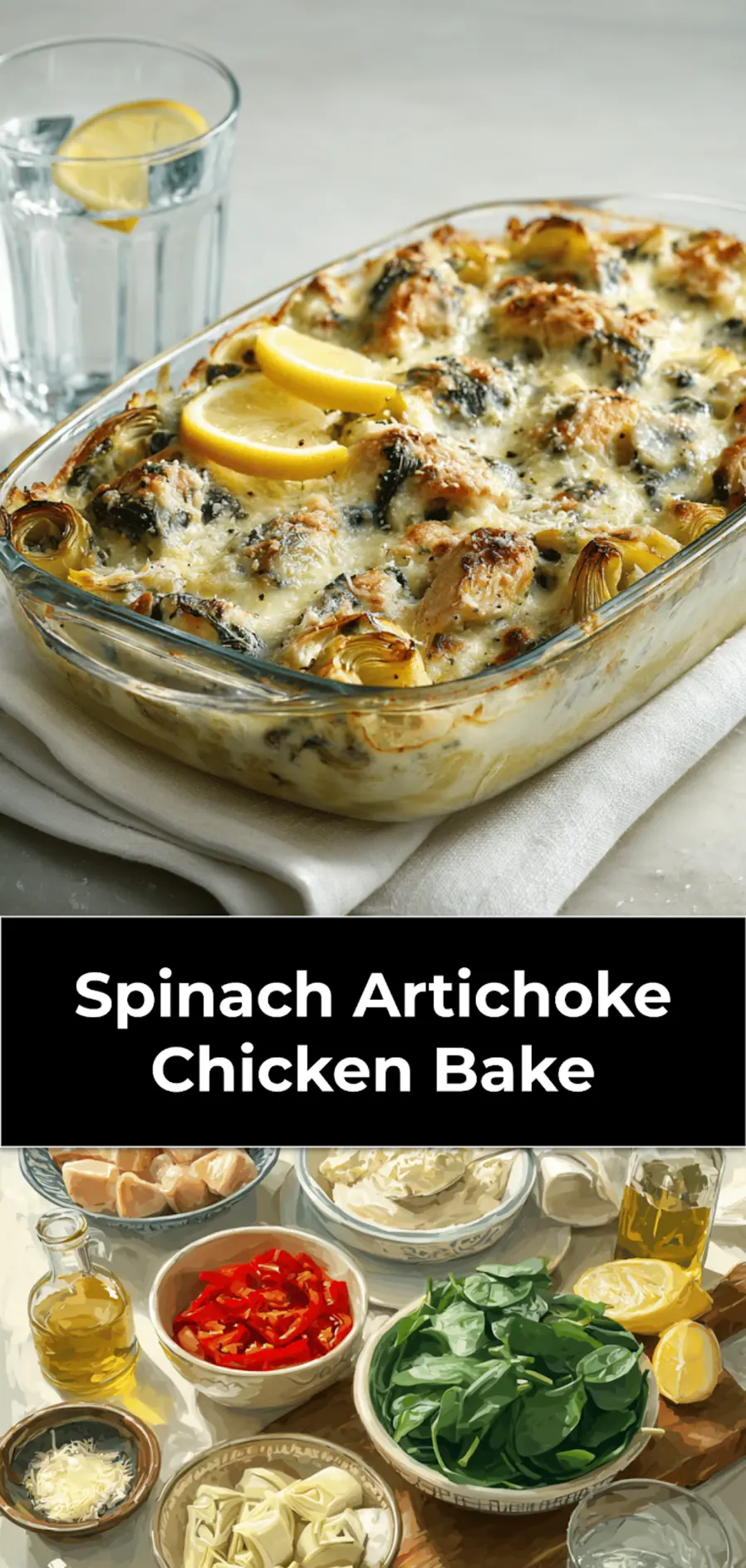 Spinach Artichoke Chicken Bake golden melted cheese and spinach on baked chicken pieces_pin