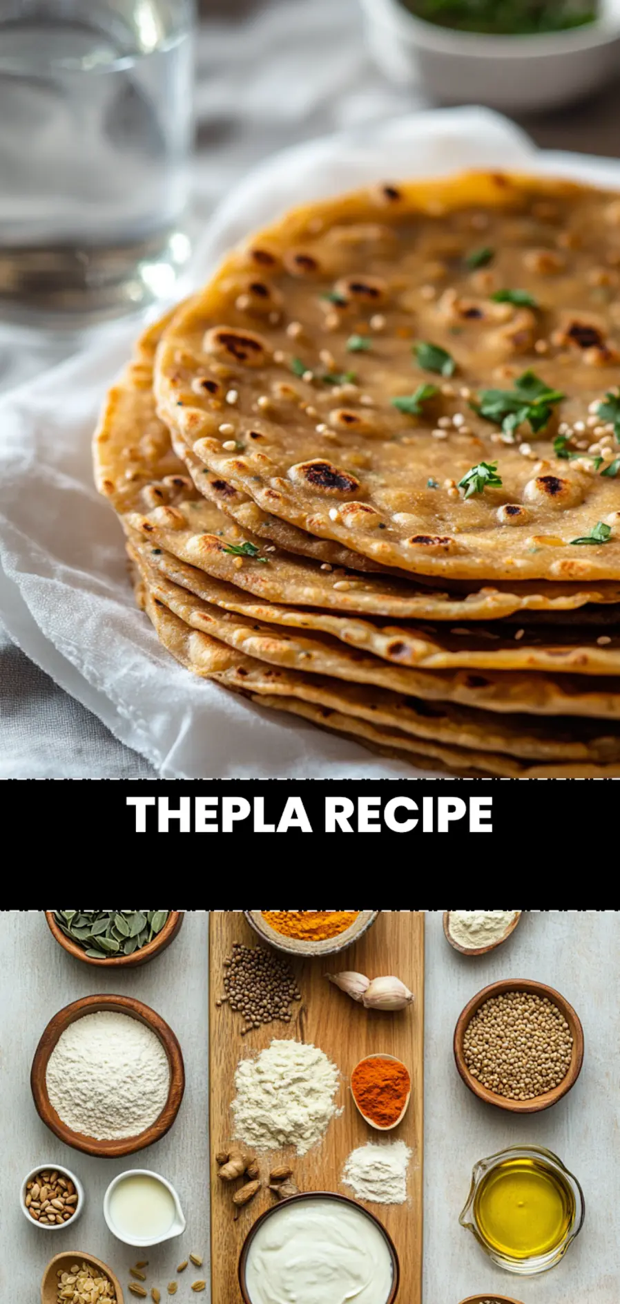THEPLA RECIPE warm fenugreek flatbreads on white cloth with glass of water_pin
