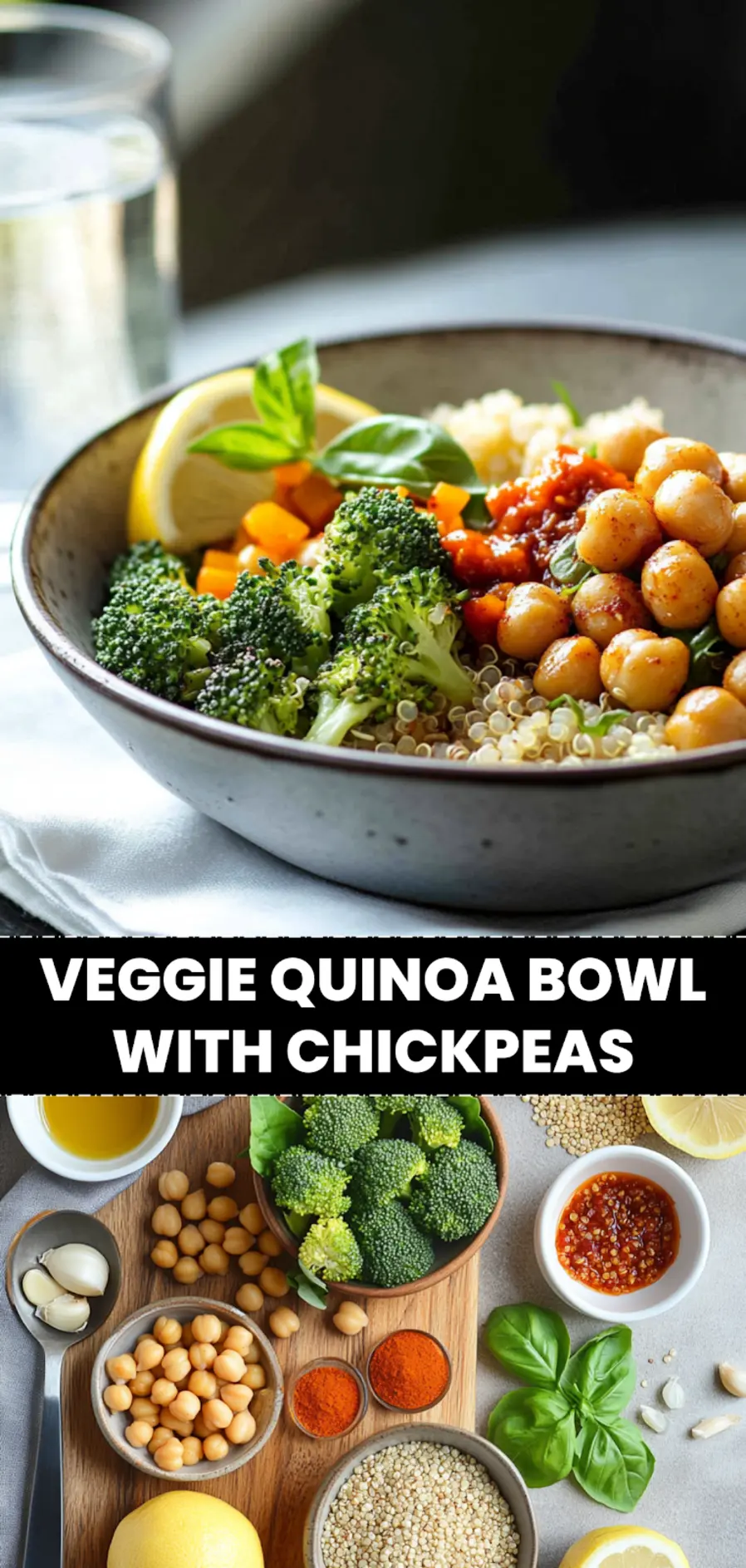 Veggie Quinoa Bowl with Chickpeas: Easy Delicious Recipe 4 VEGGIE QUINOA BOWL WITH CHICKPEAS vibrant bowl with roasted chickpeas broccoli and red pepper sauce_pin
